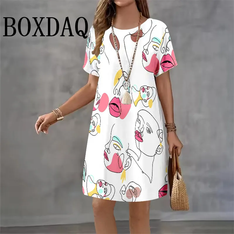 

2025 New Summer Dresses Fashion Abstract Painting Art Print Dress Women Street Short Sleeve Loose Casual Plus Size Dress 8XL 9XL