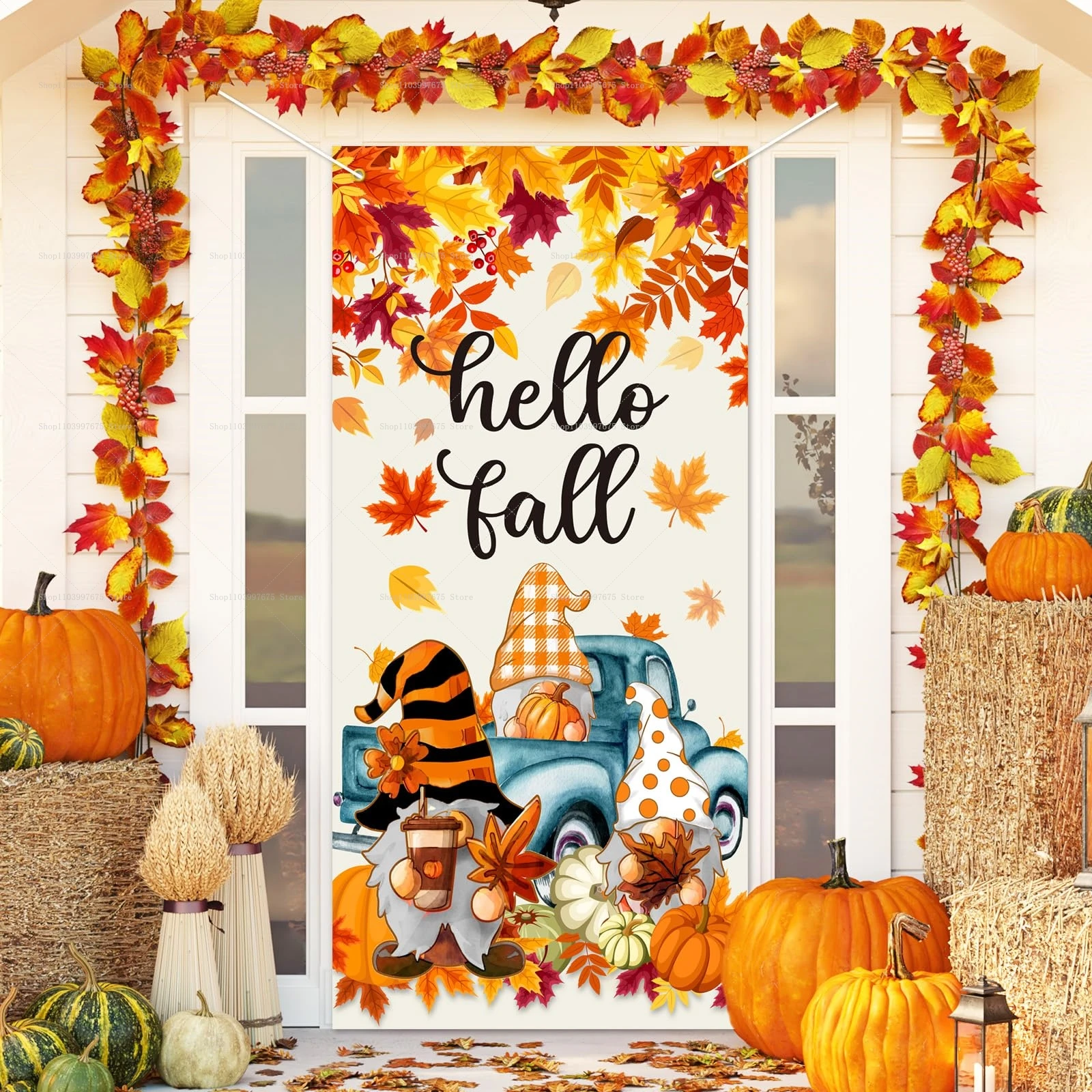 Photography Zebra - Kürbis-Ahornblatt-Türbanner: Willkommen Herbst – Thanksgiving-Party-Deko, Fotohintergründe,