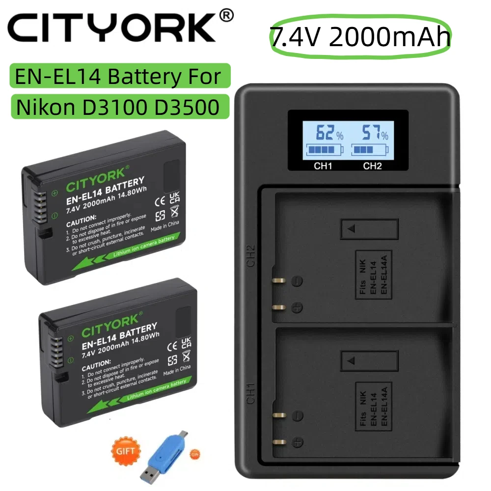 

CITYORK EN-EL14 EN EL14 Battery For Nikon D3100 D3300 D5100 D5200 P7000 P7100 D7800 Df D5500 Battery With 2-Slots LCD Charger