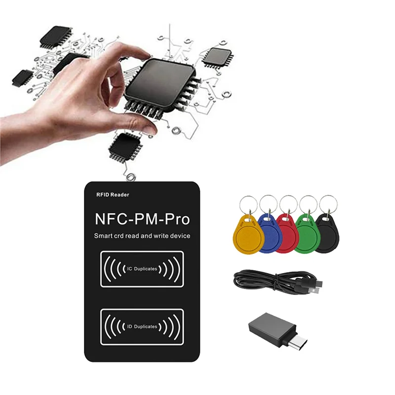 BNVN-RFID 스마트 칩 리더 PM PRO 디코더+5XUID 키체인 NFC 키 복사기 13.56Mhz 125Khz 배지 쓰기 토큰 ID IC 태그 복제