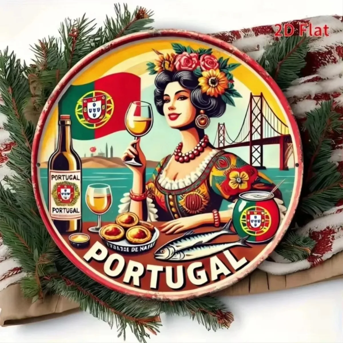 ديكور موضوع "طعام برتغالي ومناظر جسر حديثة" ثنائي الأبعاد - يتميز بعلم برتغالي وجسر حديث، مثالي لغرف المعيشة