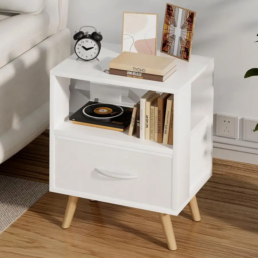 

Night Stand, White Kids Nightstand with Drawer, Nursery Side Table with Open Storage, 2Tier Modern End Table, Bedside Table for
