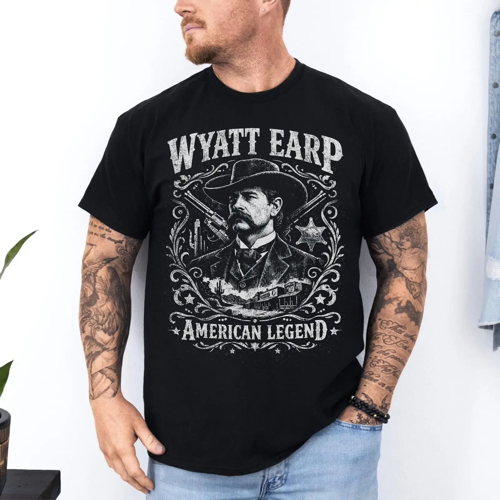 Camiseta Wyatt Earp: Lenda Americana, Fora da Lei do Oeste, Guardião do Velho Oeste, Pistoleiro Vintage, Estilo Casual Versátil Lavado