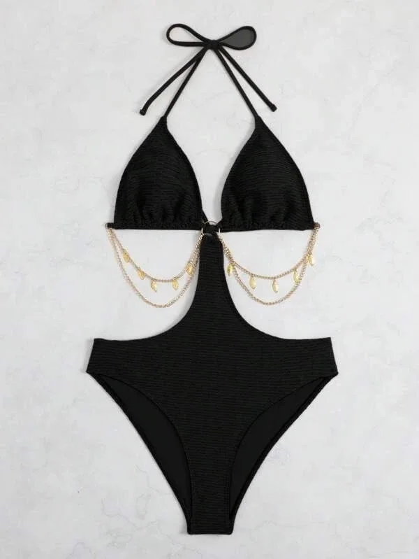 2025 ตัดออก Halter Monokini ชุดว่ายน้ํา One Piece โซ่ชุดว่ายน้ําผู้หญิงเซ็กซี่ Bathers ชุดว่ายน้ําว่ายน้ําชุดว่ายน้ําหญิง Beachwear