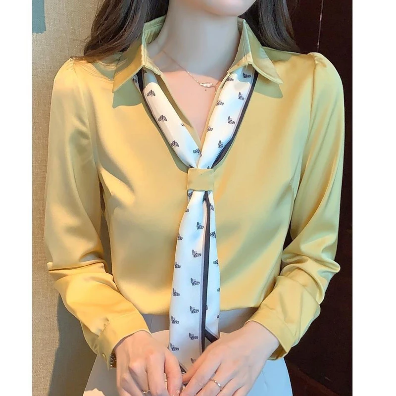 White Chiffon Shirt Tops Spring Autumn New Long Sleeve Polo Neck Solid Color Temperament Blouse Fashion Elegant Women Clothing