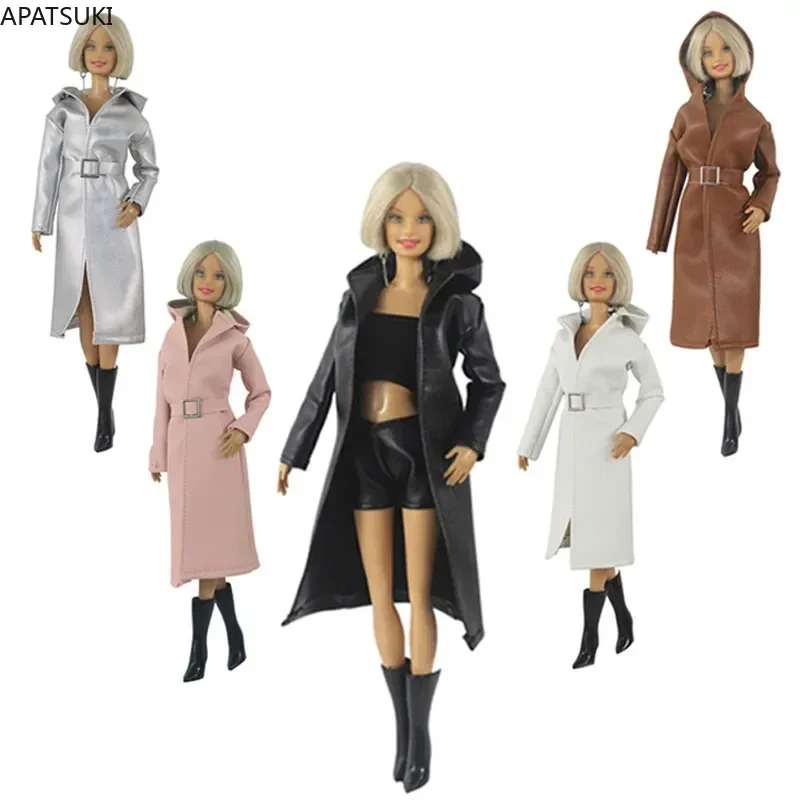 

Fashion Hoodies Leather Clothes For Barbie Doll Outfits Fashion Long Coat Jacket Trenchcoat Belt Boots 1/6 Dolls Accessories Toy