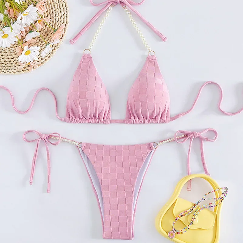 Bikinis sexis con cadena de perlas, trajes de baño para mujer, traje de baño Push Up para mujer, ropa de baño para playa, trajes de baño, conjunto de Bikini brasileño, bañista para piscina