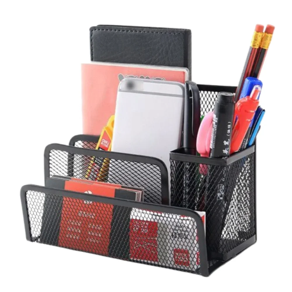 Three-layer Office Supplies Storage Rack Multifunctional Metal Mesh Desk Organizer with Pen Holder Save Space Notebook Stand
