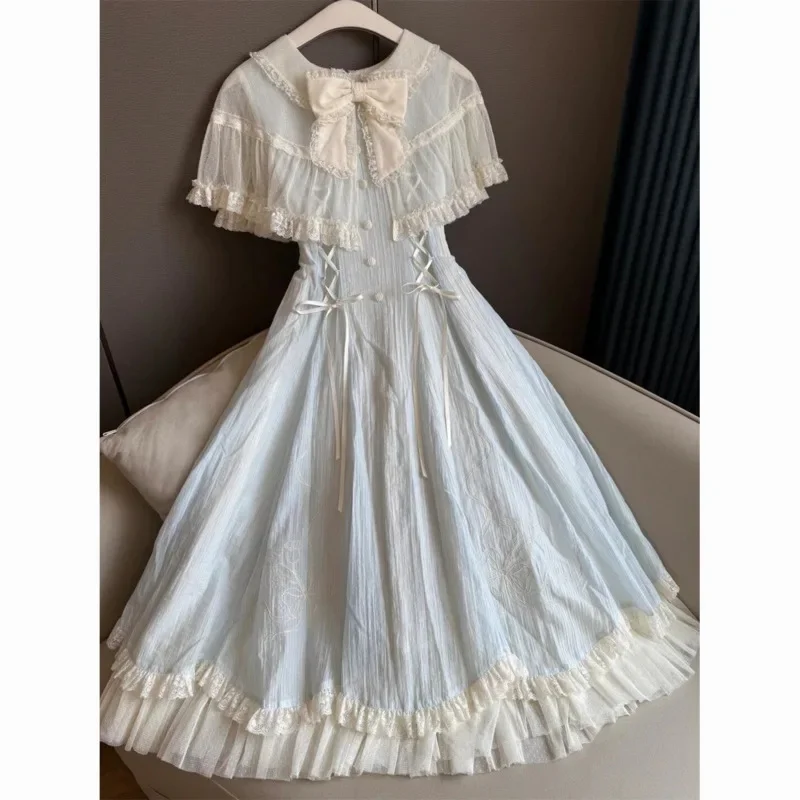 

Y2K Bow Lace Dresses Summer Lolita Kawaii Sweet Tie JK Splicing Layered Ruffle Edge Loose Dress A-line Girl Long Skirt Dress New