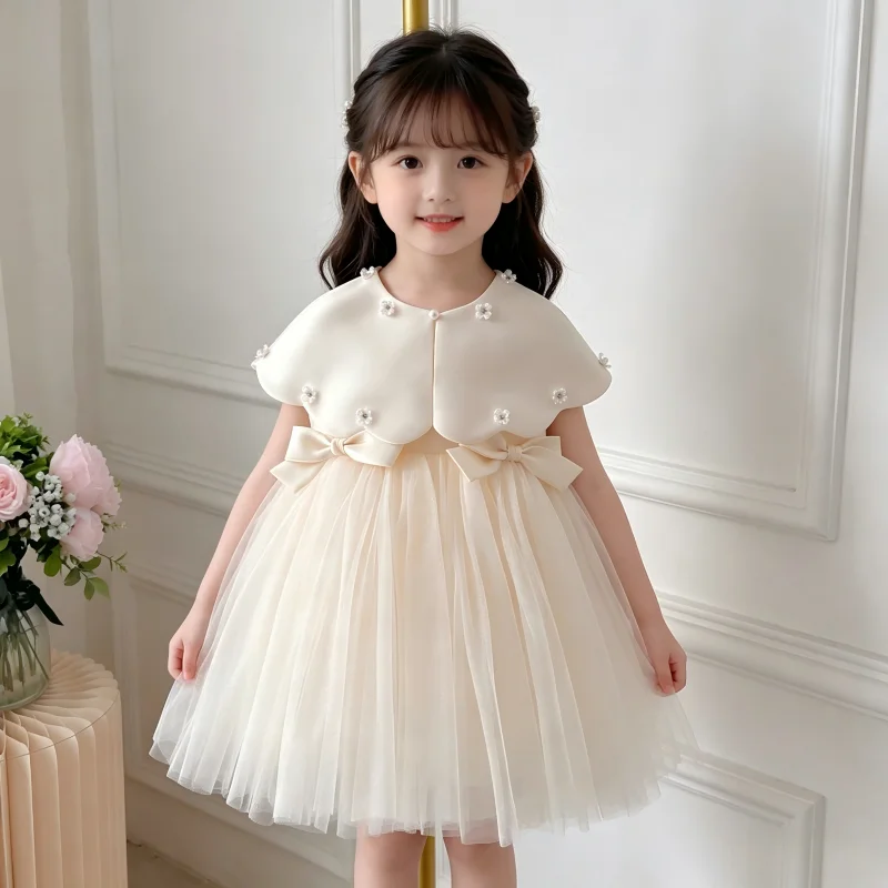 

Children Dress Treasure Princess DressKorean Style Baby Birthday Puffy Veil Dress with Shawl Kids One Year Old Princess Dresses