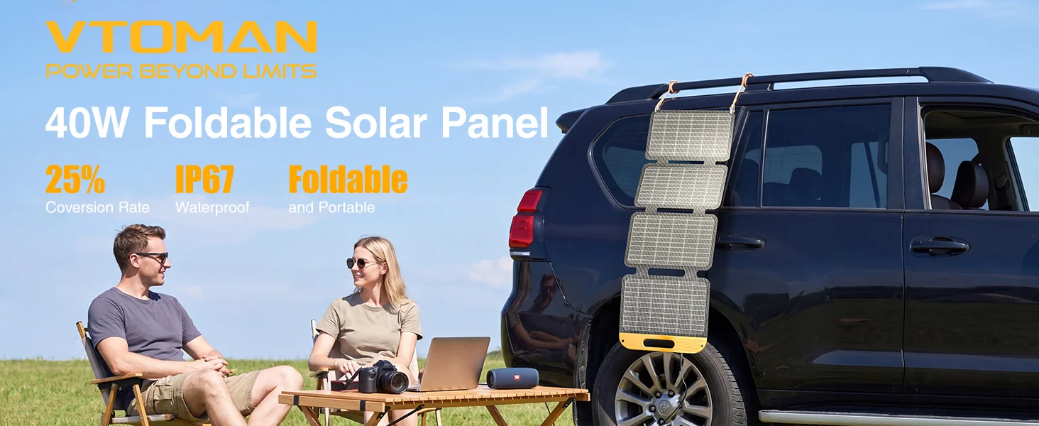 VTOMAN 40W Foldable Mini Solar Panel with USB-C & USB-A Outputs, Waterproof Solar Charger for Phones, Tablets, Jump 100 & FS300 Power Stations, Ideal for Camping, Hiking & Backpacking
