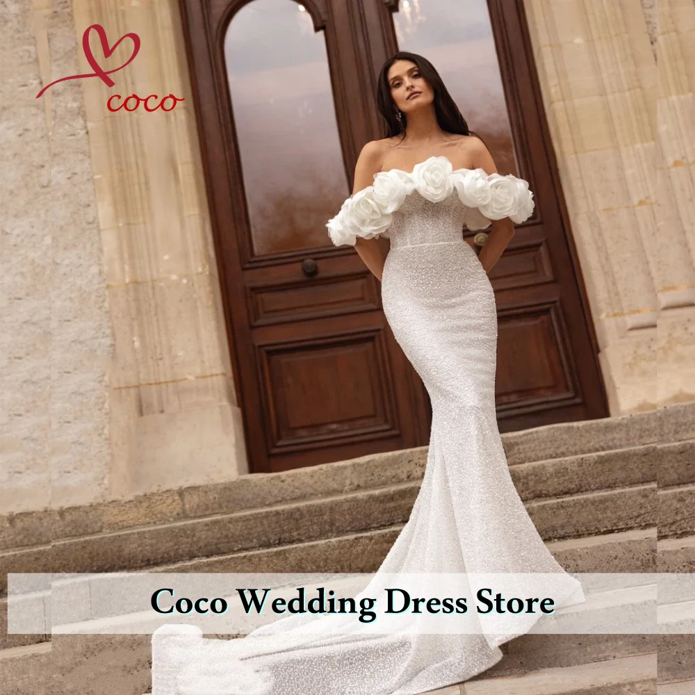 

Customized Luxury Mermaid Wedding Dress 3D Floral Shoulder Beading Bridal Gown Vestidos De Novia