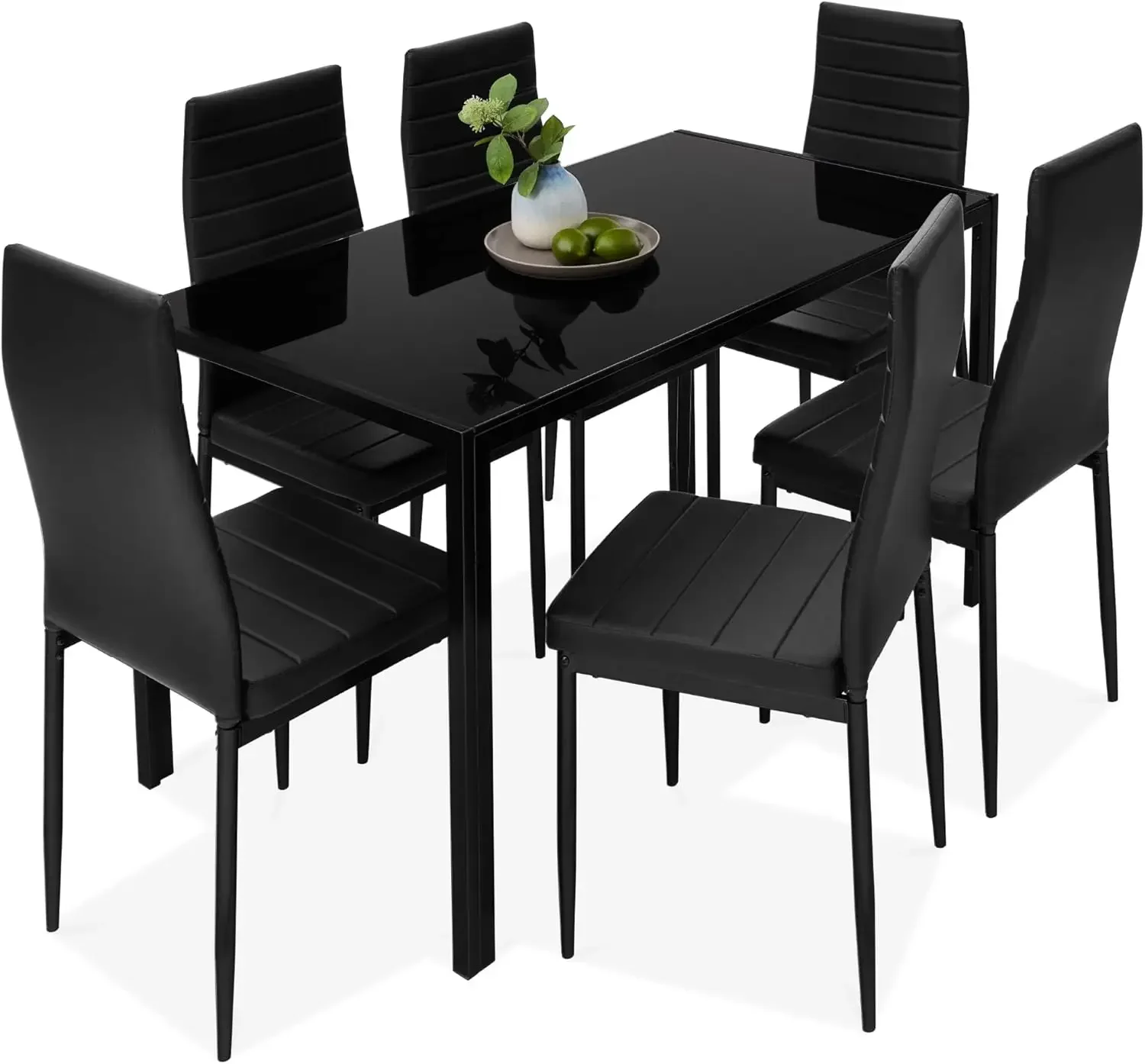 7Piece Glass Dining Set,Modern Kitchen Table Furniture for Dining Room,Dinette,6 Upholstered PU Chairs,Metal Steel Frame - Black