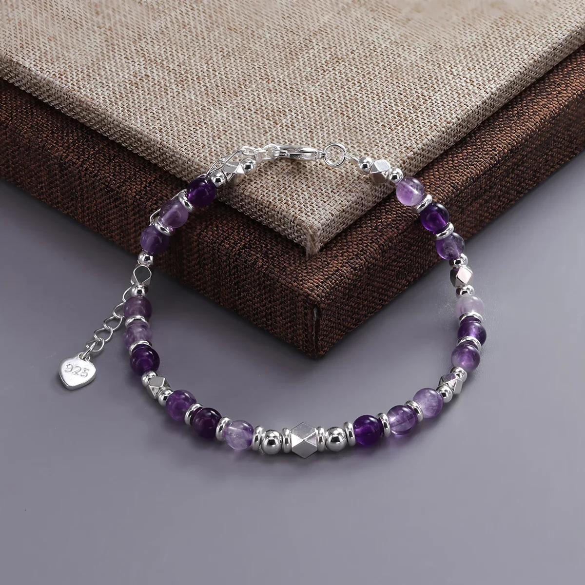 

VENTFILLE 925 Sterling Silver Natural Amethyst Crystal Silver Round Bead Bracelet For Women Gift Bohemia Jewelry Dropshipping