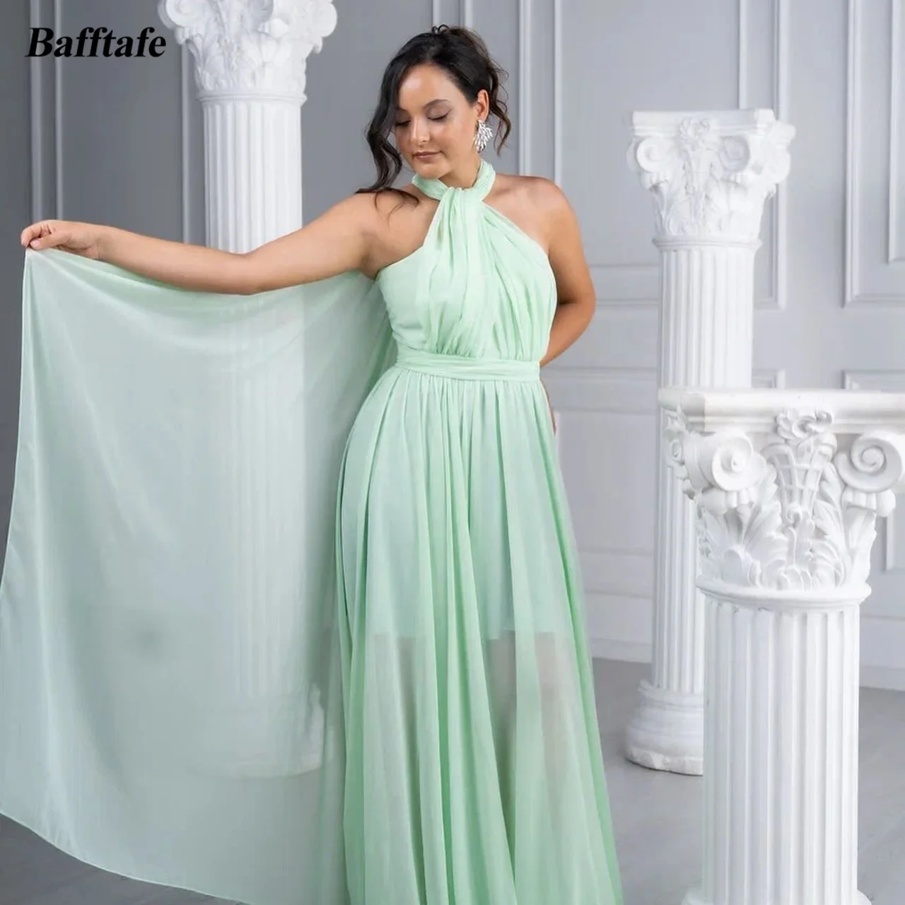 

Bafftafe Customized Chiffon Prom Dresses Halter Short Lining Long Arabic Women Party Bridesmaid Formal Occasion Evening Gowns