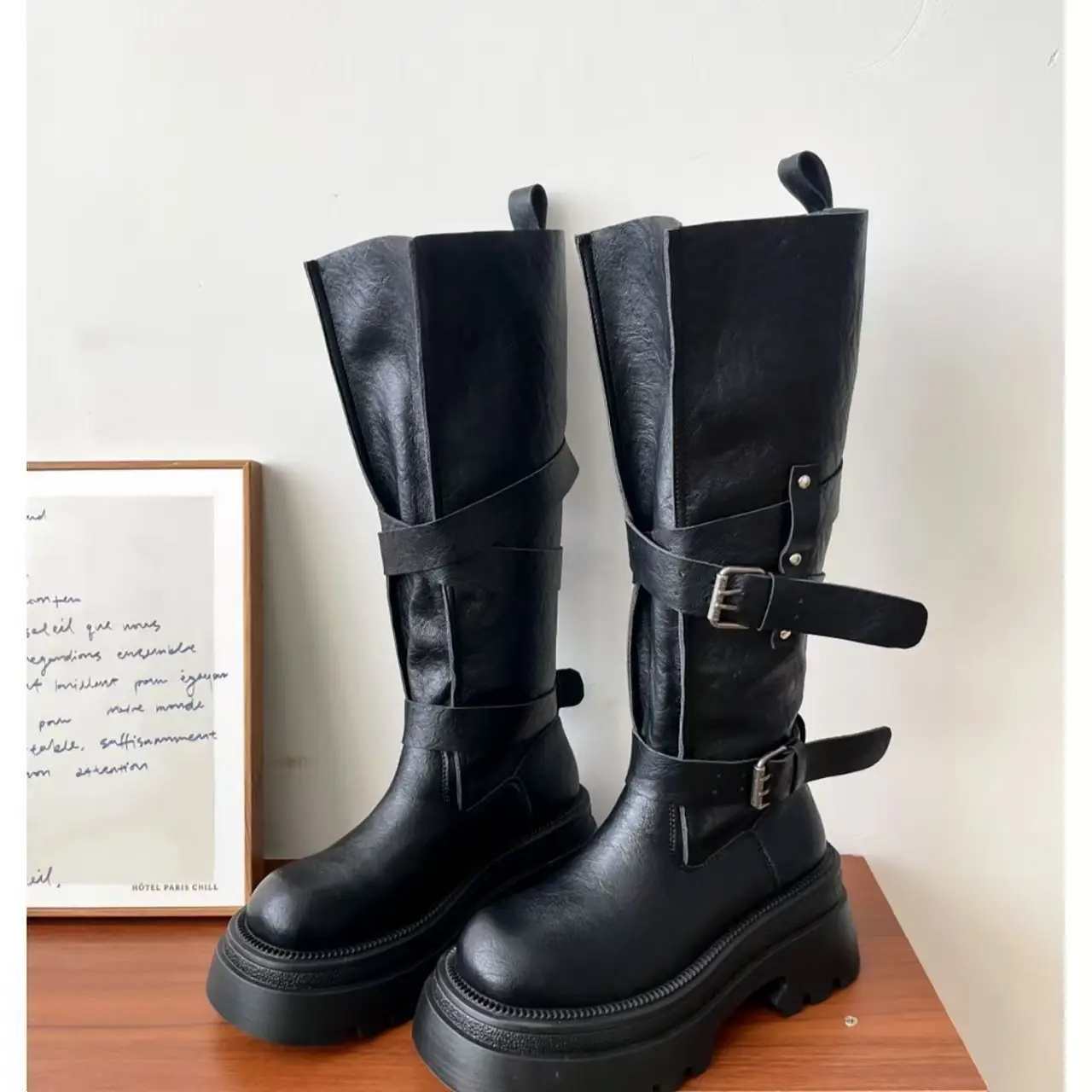 2026 New Vintage Thick Bottom Woman Knee High Boots Fashion Belt Buckle Zippers Shoes Female Knight Long Booties Shoes view 4