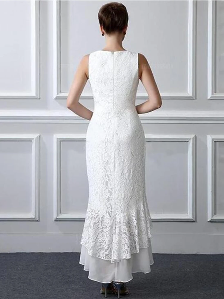 2020 New Amazing High Low White Lace Mother of the Bride Dresses With Shawl Jewel Neck Mother of Groom Gowns Sleeveless