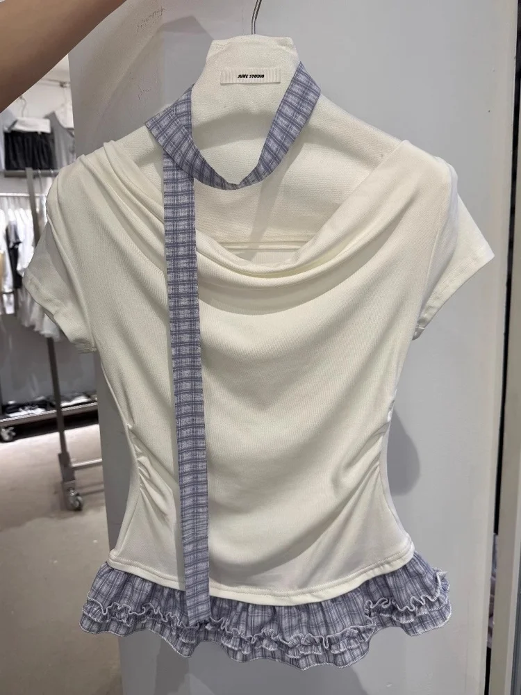 슬리밍 효과 6월 디자인 어깨 드레이프드 오르트 스웨트 티셔츠 여성 여름 신상 슬레 리본 니트 한국 버전 탑