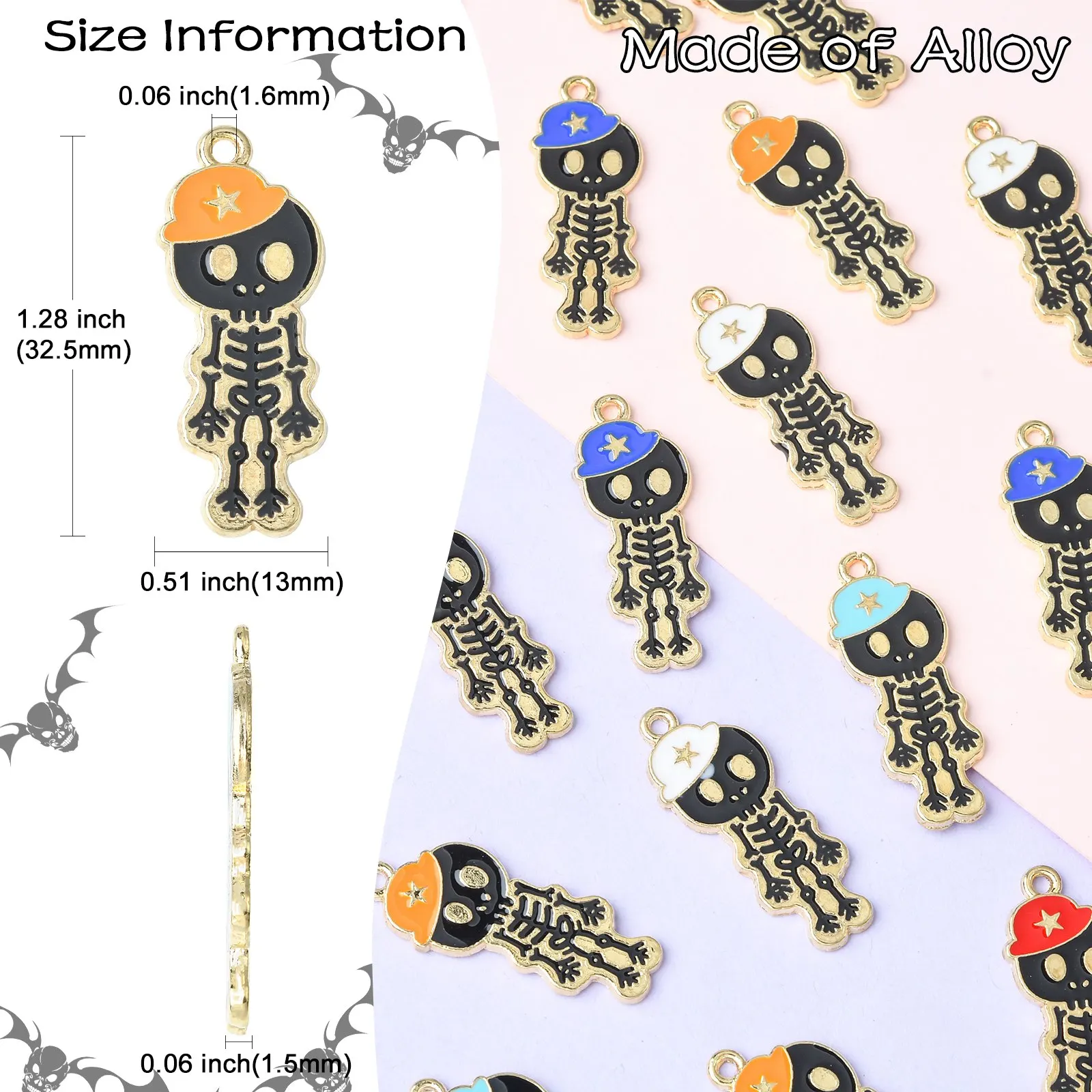 Pandahall 25Pcs 5 Colors Enamel Halloween Skeleton Charms Cute Skull Man Skeleton Charms for Halloween Jewelry Making Accessorie