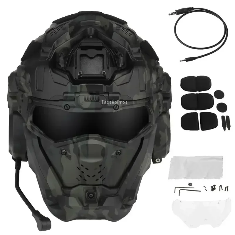 Casco sportivo da tiro Caschi da combattimento tattici protettivi completamente coperti Cuffie da caccia Paintball Protezione per la testa 2 lenti