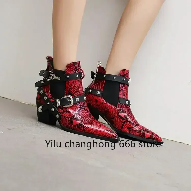 

2025 Newest Metal Rivet Patchwork Belt Buckle Boots Chunky Heel Mid Calf Pointed Toe Slip On Boots Fashion Casual Winter Boots