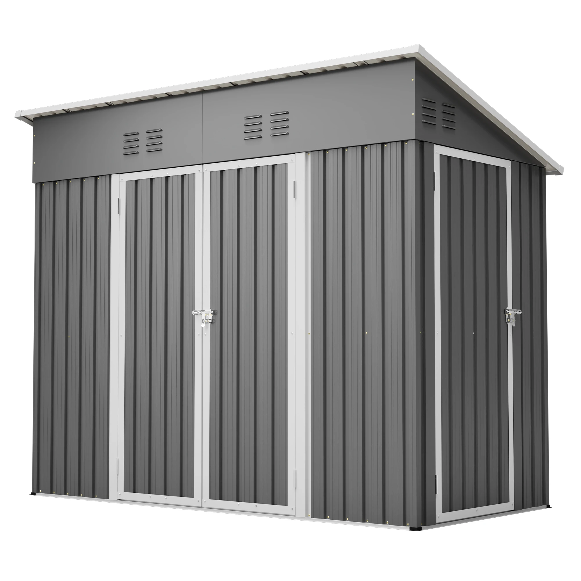 4x8 FT Metal Storage Shed Outdoor 3 Doors Tool Shed Waterproof Windproof Floor Frame Lockable 4 Air Vents Sloped Roof Safe Latch Backyard Garden Patio Dark Gray