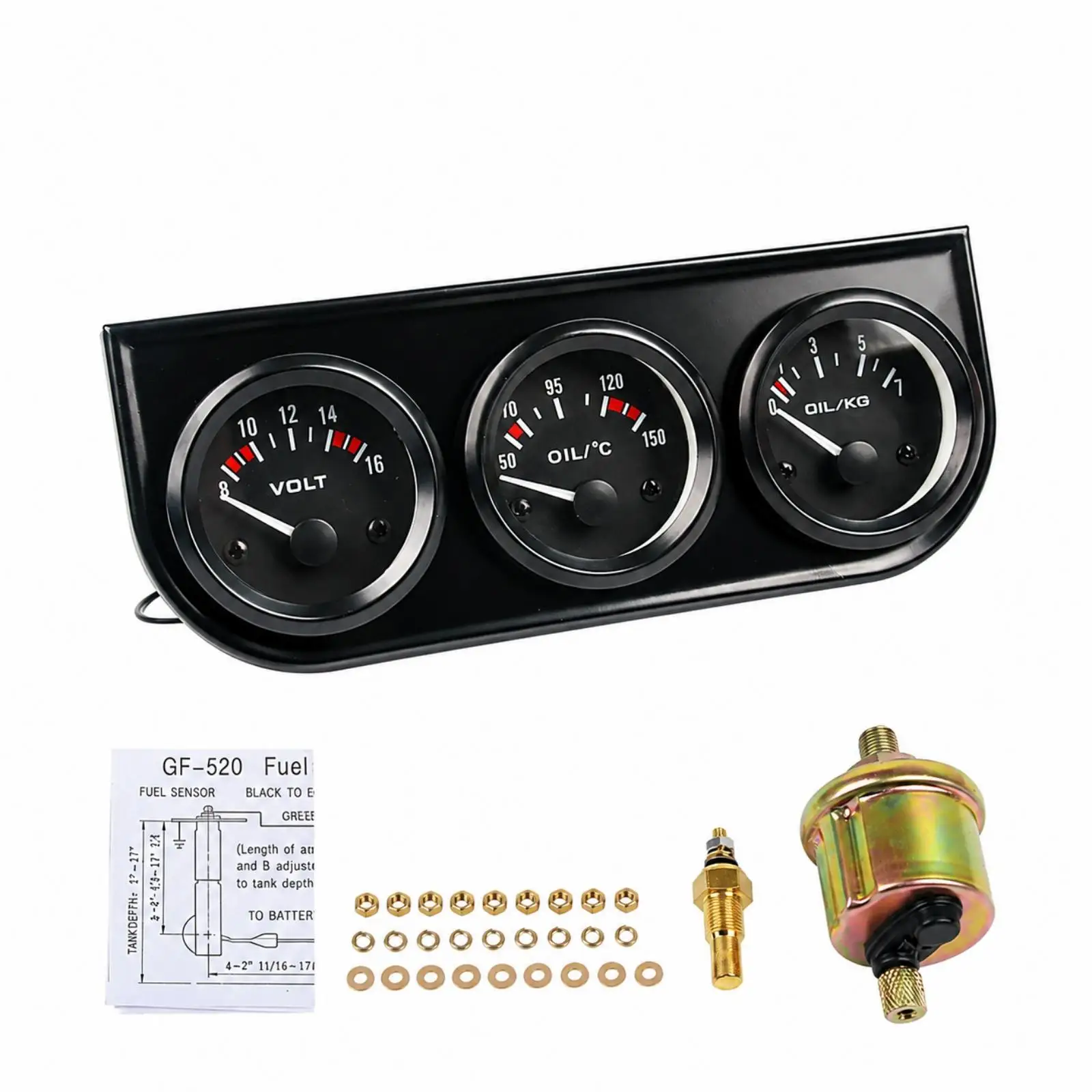 12V Car Voltage Oil Gauge Set Triple Analog Meter Panel Black Housing Iron Core for Custom Console Build