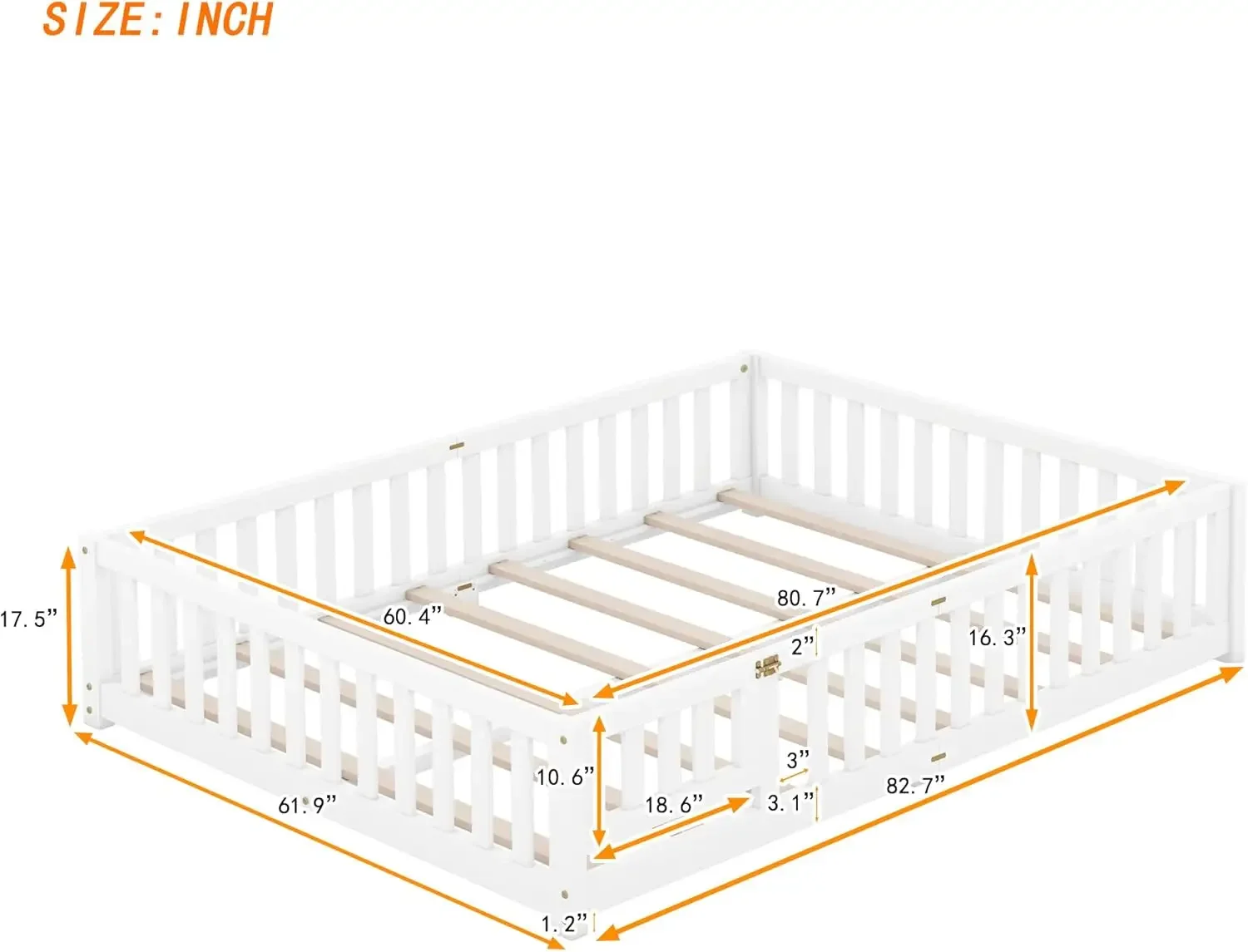 with Removable Wood Slats, Safety Guardrails Fence and Door Wooden BedFrame, for Kids, Girls Boys, White