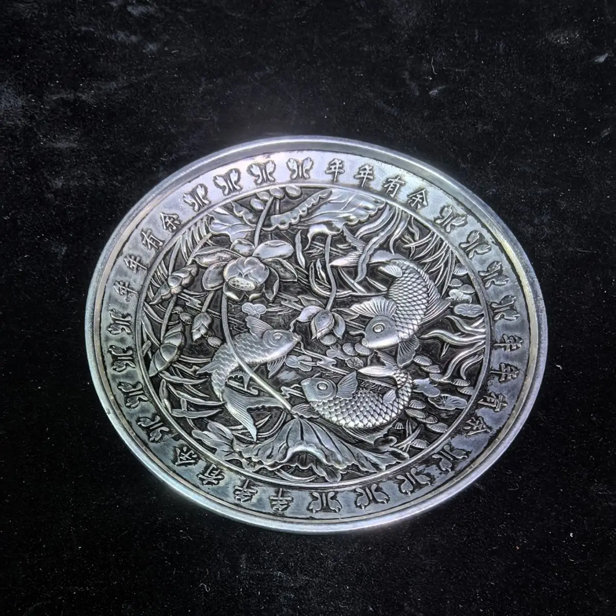 

Antique white copper silver-plated lotus fish butterfly plate antique collection