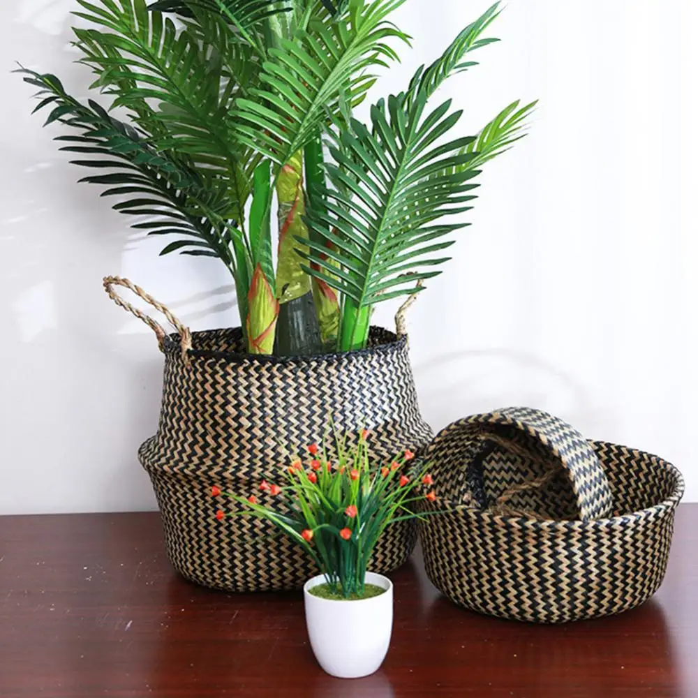 Flower Pot Storage Basket Straw Folding Wicker Handle Garden Planter Laundry Bag