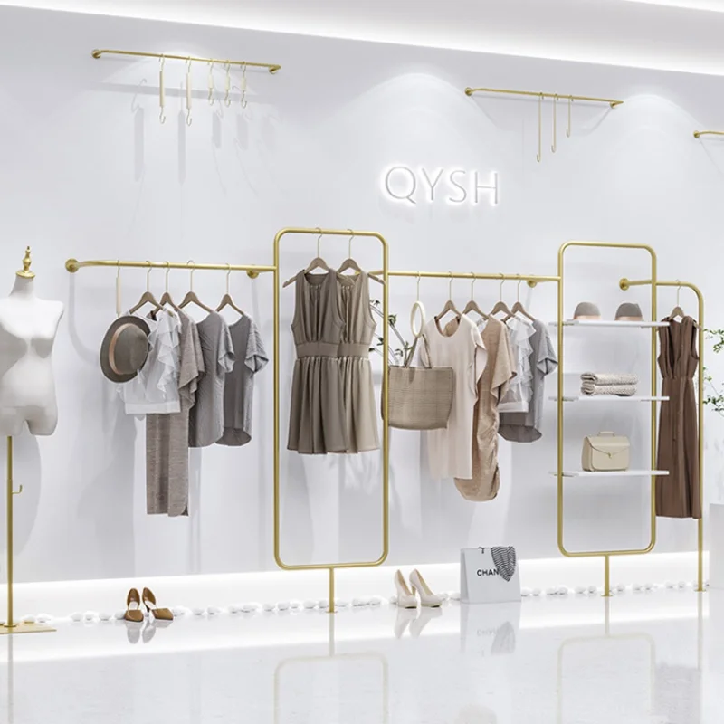 Custom High-End Wall Golden Clothing Display Stand Wall-Mounted Gold Acrylic Clothes Display Rack