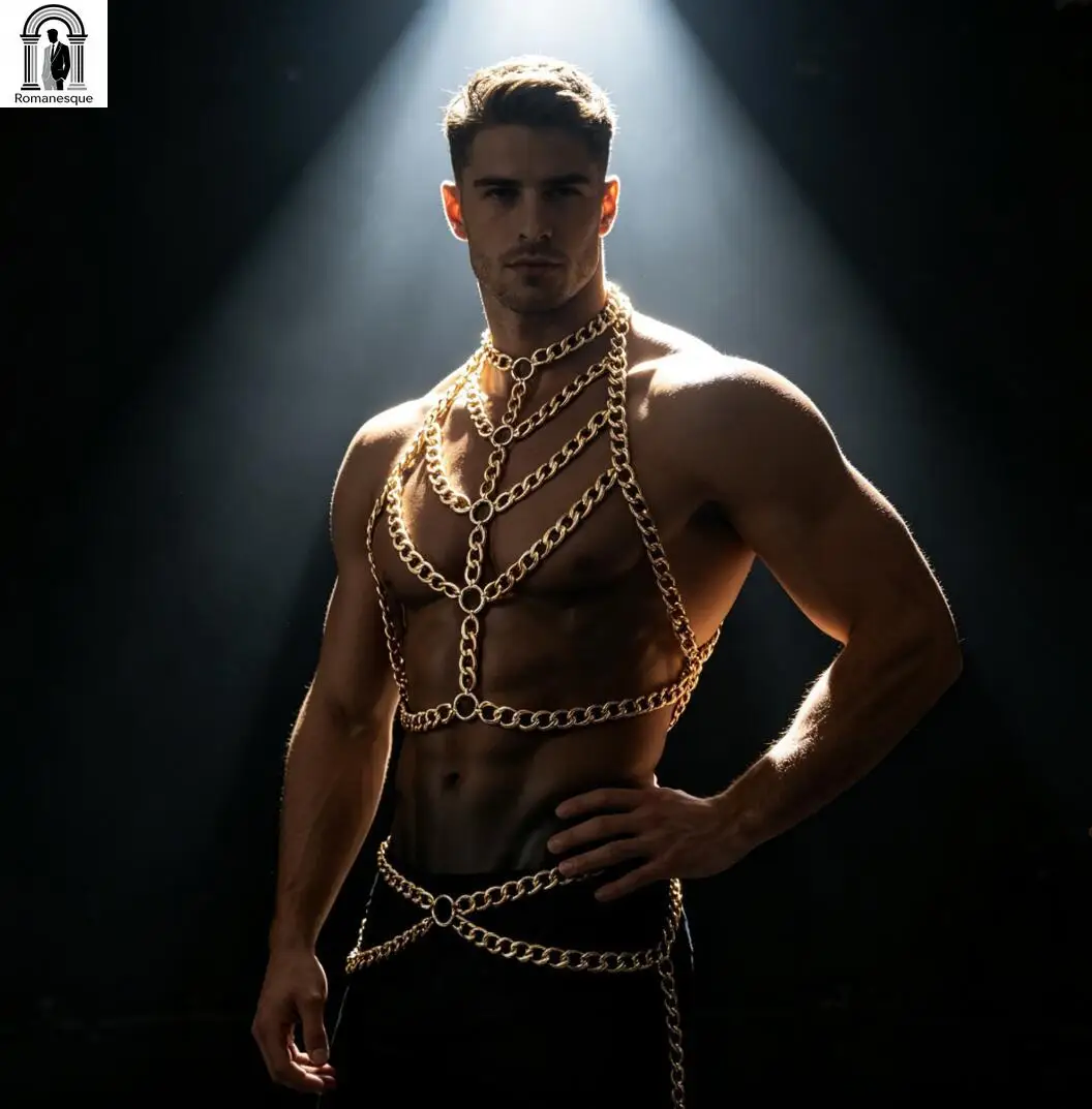 Men's Silver Thick Chain Body Harness Halter Neck Chest Cage Top Adjustable Waist Chain Vest Nightclub Rave Party Body Jewelry