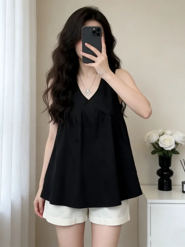 

plus Size Women's Black V-Neck Strapless Loose Fitting T-Shirt Summer New Style Cover Belly Sleeveless Top Korean Style Commute