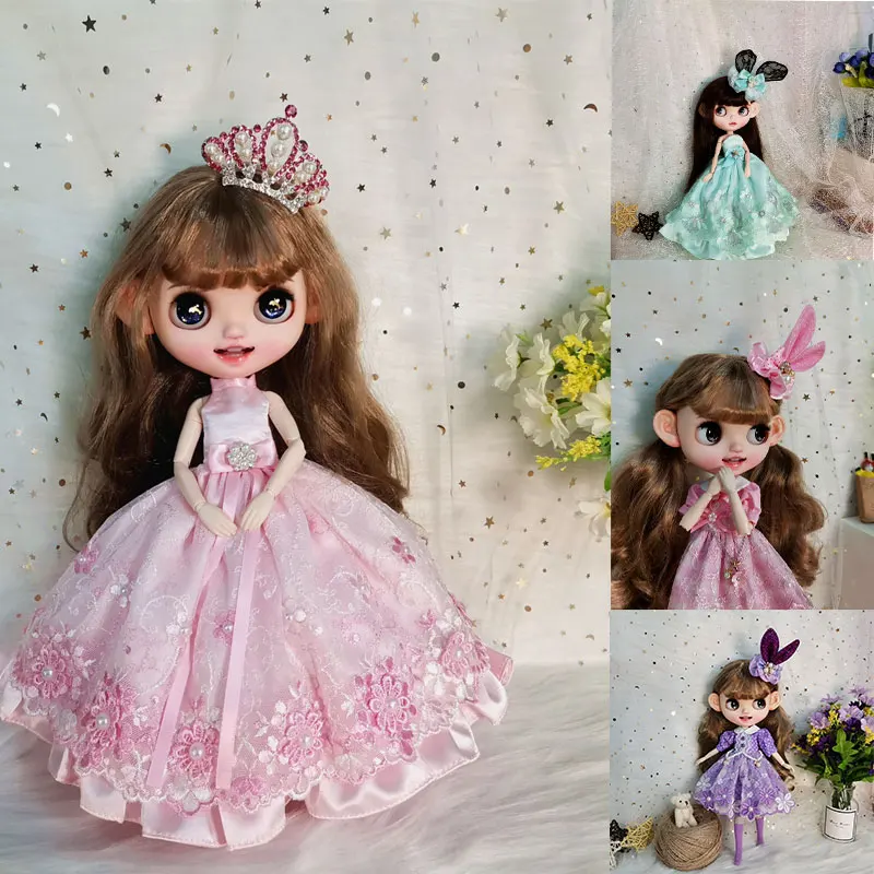 New 1/6 BJD Doll Princess Dress Dinner Dress Rabbit Ear Crown Headpiece for Blythe 1/6 BJD Doll Baby Girl Birthday Gift Toy