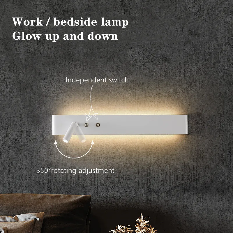 Modern Minimalist Black White LED Wall Lamp With Switch Bedroom Bedside Study Reading Lamps Line Background Wall Sconce Light