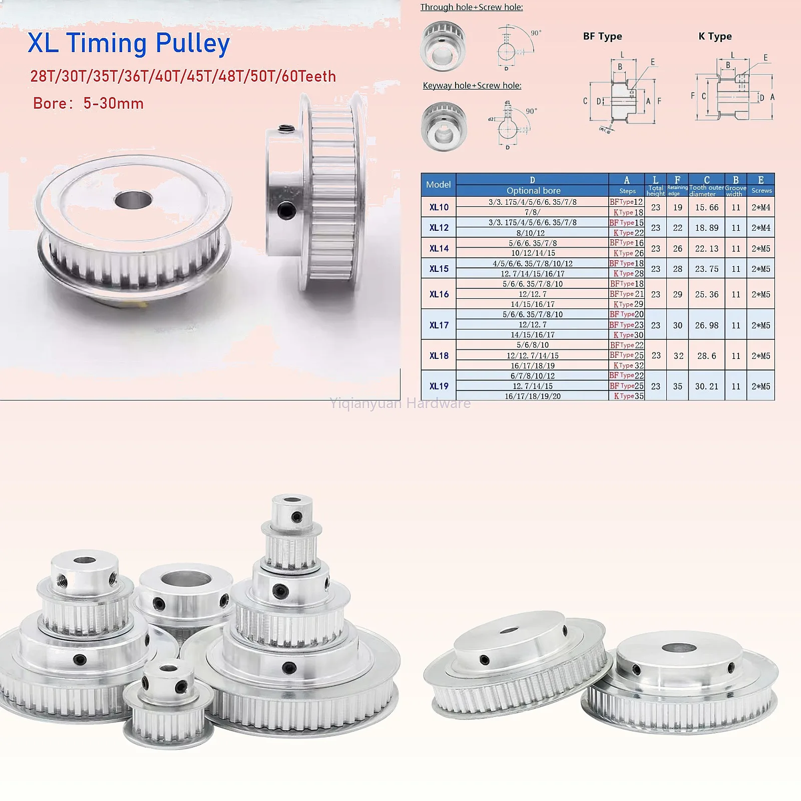 

Yiqianyuan 1pcs XL Timing Pulley 28T-60T Bore 5-30mm 5.08mm Pitch Synchronous Wheel for 10mm Belt Width