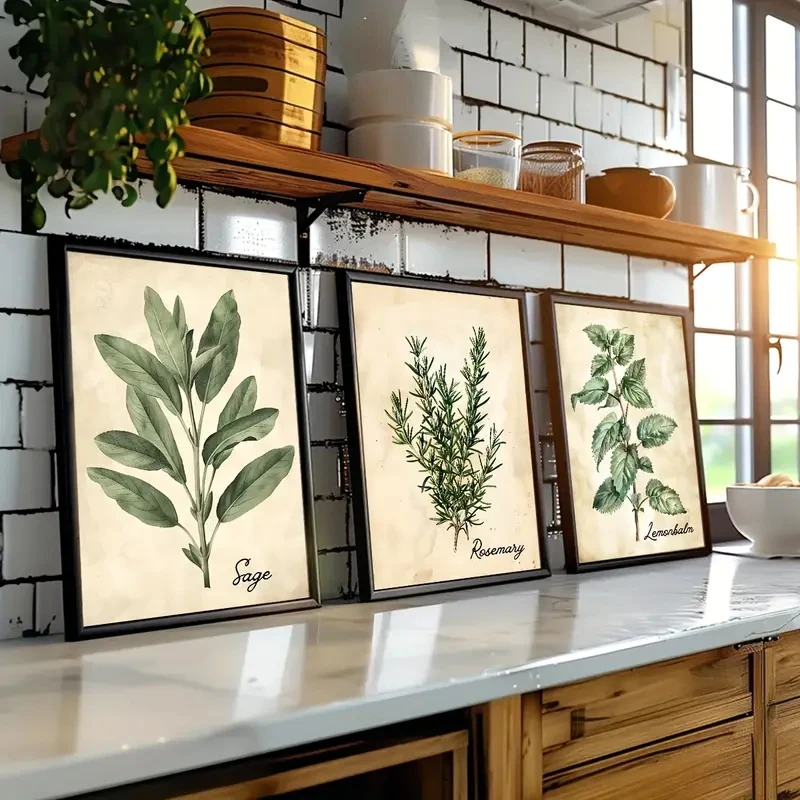 Poster Wall Art 3Pcs/Set Vintage Herbalist Herbal Leaf Canvas Modern Bedroom Decor, Kitchen Living Room Home Decor, Frameless