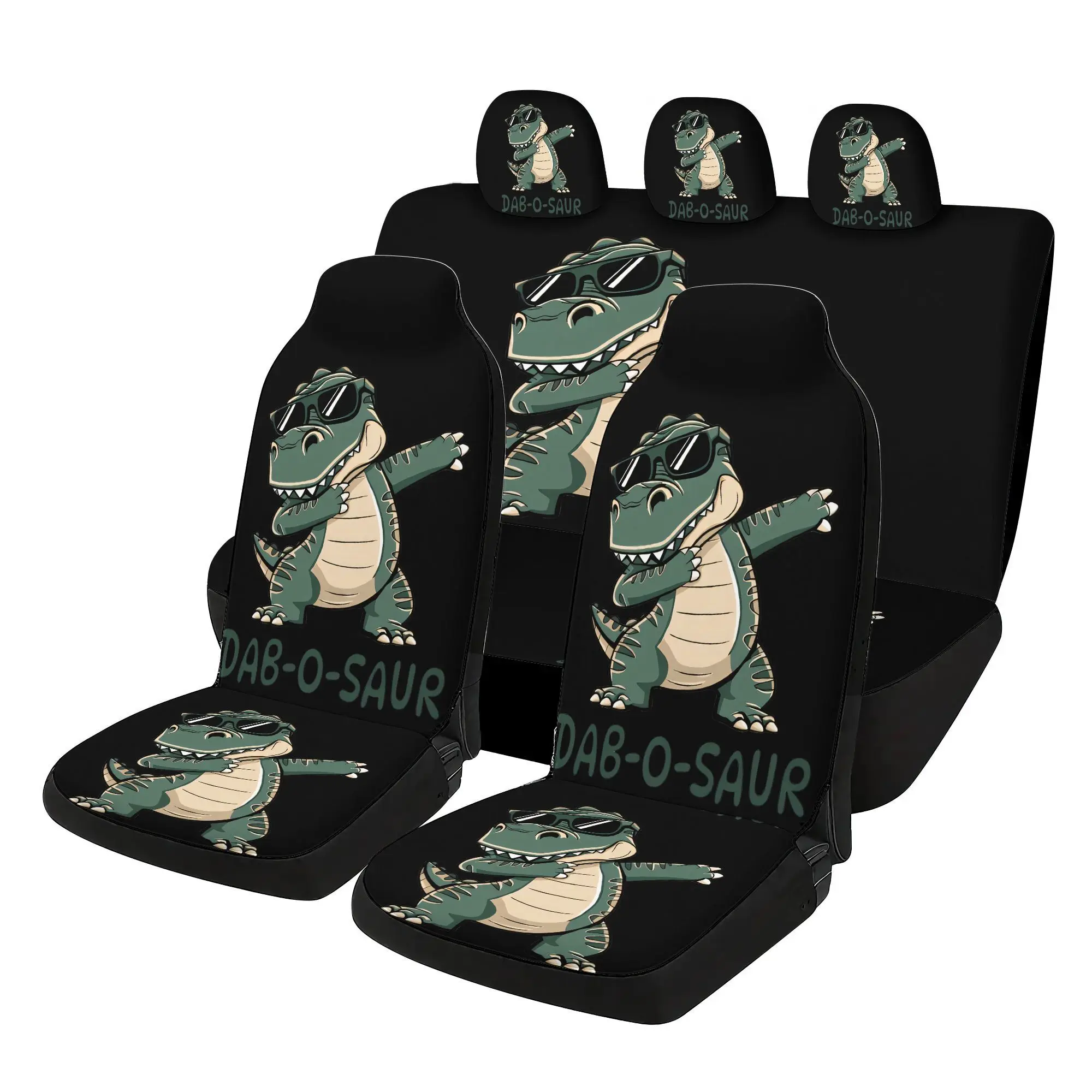 Set Of 7 Car Seat Covers Featuring Glasses And Dinosaurs, Which Includes 2 Front Seat Covers, 1 Rear Seat Back Cover, 1 Rear Sea