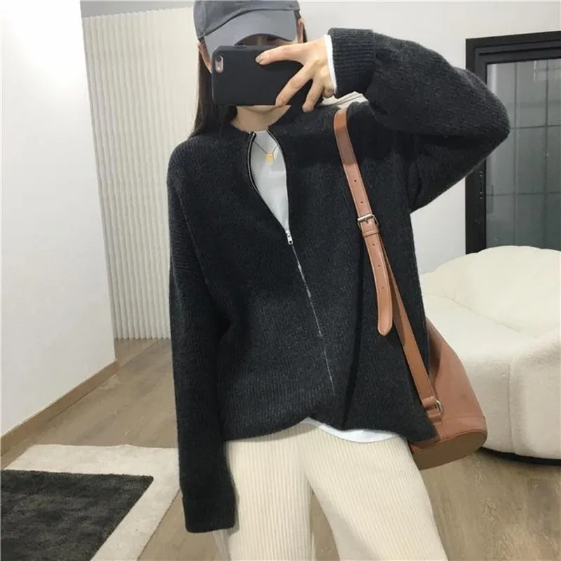 Cashmere sweater women\'s half high neck cardigan 100% wool knitted long sleeved jacket loose and soft sweater Korean fashion top