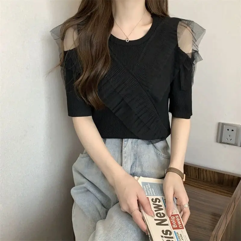 

Women's Clothing Large Size Flounce Lace Knit Half Sleeve Top Summer Off Shoulder Sexy T-shirt Lady O-Neck Chic Elegant Pullover