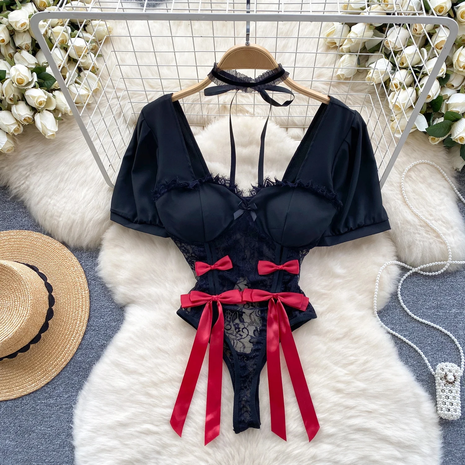 

Black Erotic Sexy Lace Rompers Bow Backless Open Crotch Transparent Fashion Hollow Skinny Jumpsuit Hot Bodysuit New In Clothes
