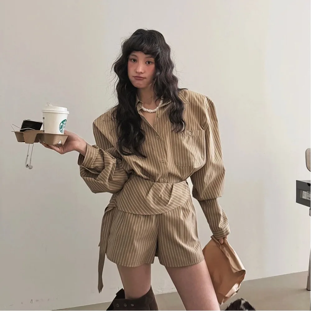 

Spring Summer Striped Two Piece Shorts Set for Women Oversized Lantern Sleeve Long Sleeve Shirts with High Waist Short Pants