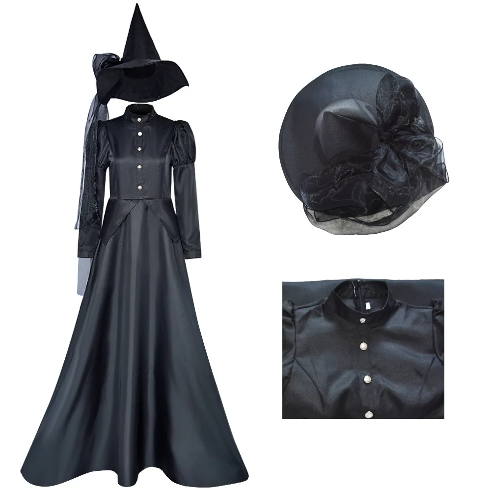 

Wicked Movie Cosplay Costume Evil Queen Black Long Dress Hat Villainous Woman Halloween s