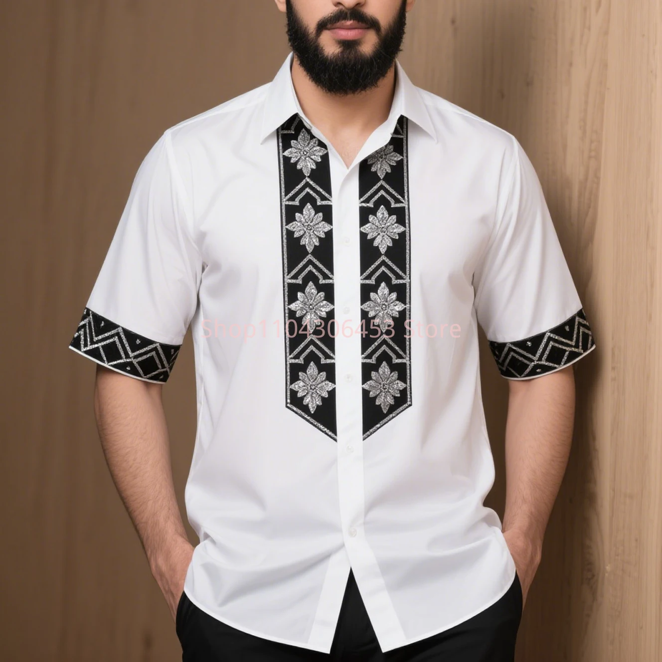 Men simple retro fashion ethnic style 3D printed short-sleeved lapel shirt light breathable light color Hawaiian beach vacation