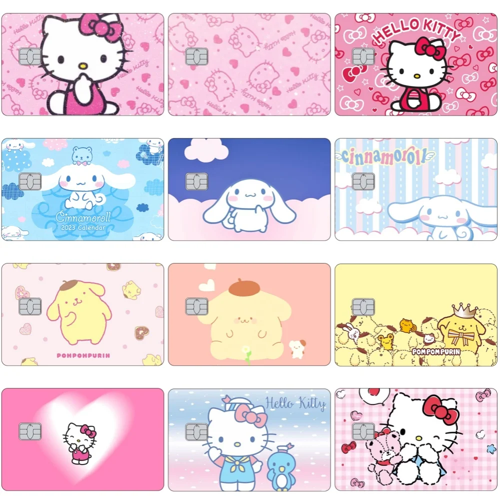 New Sanrios Kawaii Cartoon Hello Kitty Cinnamoroll PomPom Purin Credit Card Skin Stickers for Small Big No Chip Metro Cards Skin