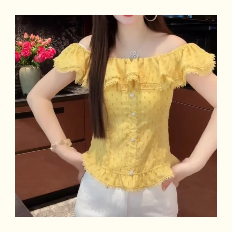 

2025 New Summer Retro Ruffle Edge Blouse Women French Style High-end and Slim Womens Shirt with A Refined Temperament