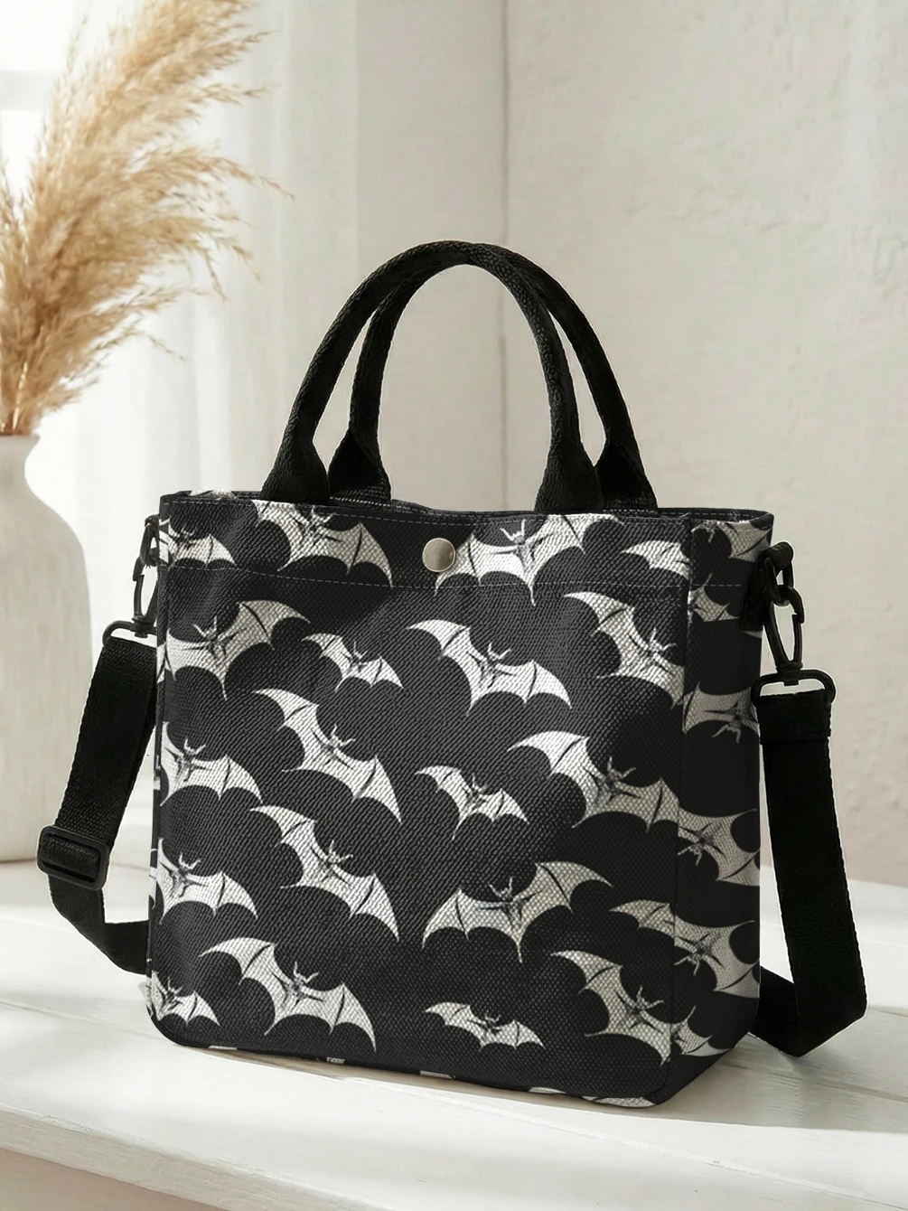 White Bat Halloween Print Tote Bag Detachable Strap Crossbody Handbag For Women Daily Shopping