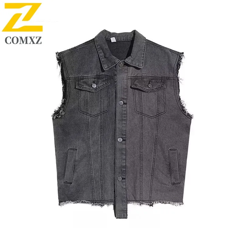 Men's Denim Vest Jacket Autumn Korean Style Loose Workwear Vintage Sleeveless Coat Casual Oversized Layering Waistcoat Fit sport