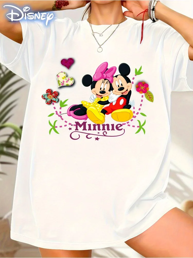 

Женская футболка с мультяшным принтом: яркая повседневная рубашка с круглым вырезом и короткими рукавами с мини-мышкой и ушками Микки Мауса