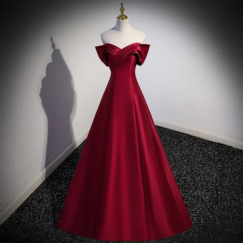 Boat Neck Burgundy Evening Dress Short Sleeves Satin Lace Up Floor Length Pleat A-Line New Plus Size Women Party Dresses B2695